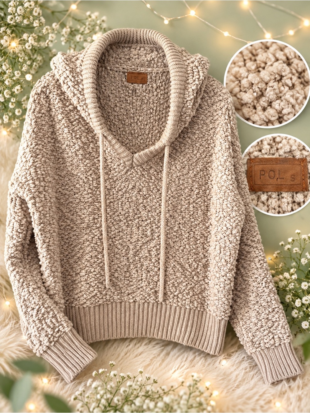 POL by Beige Popcorn-Knit Hooded Sweater